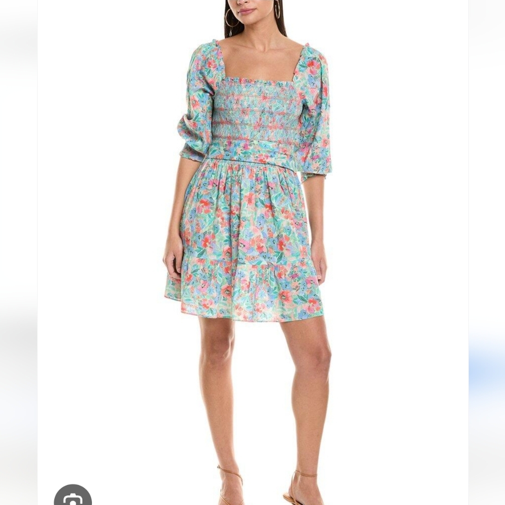 Shoshanna Boho Paisley Smocked Mini Dress, Orange/Blue, Size 6, CottageCore